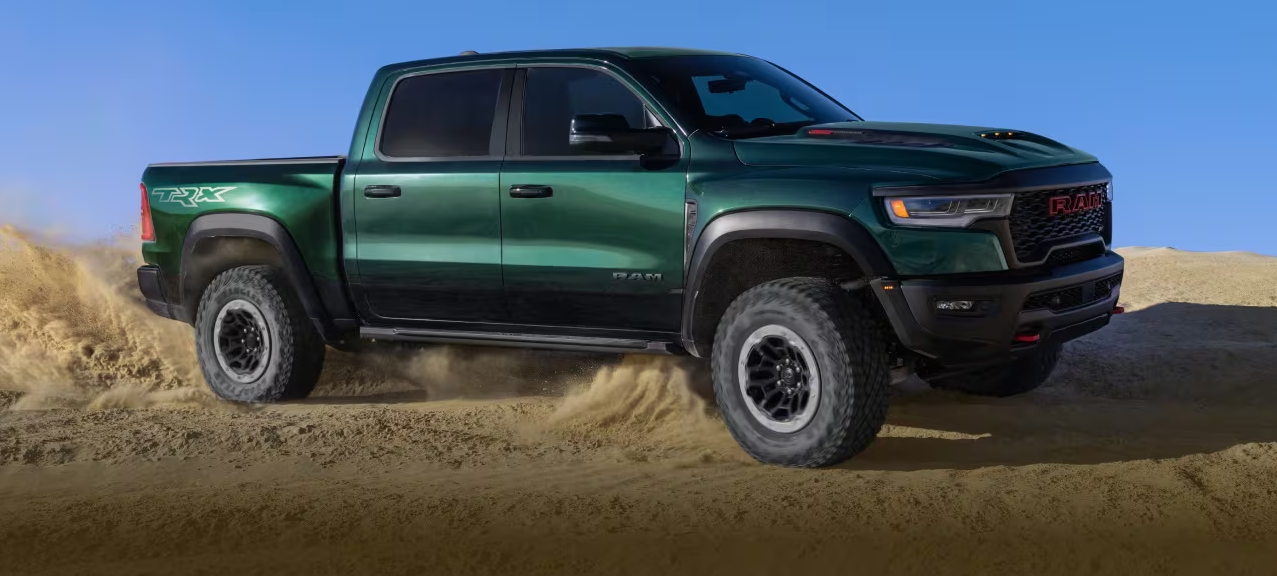 Green 2026 Ram 1500 TRX drifting